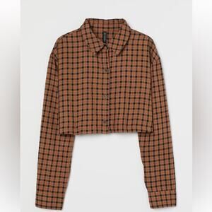 H&M Divided Brown Check Plaid Cropped Button Down Shirt Size S